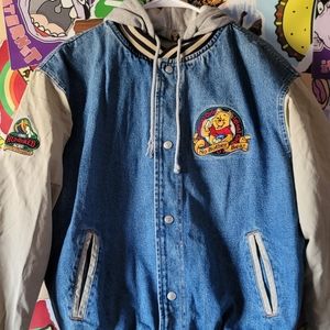 Vintage 90s Disney Winnie The Pooh Denim Hooded Varsity Jacket Adult Size M